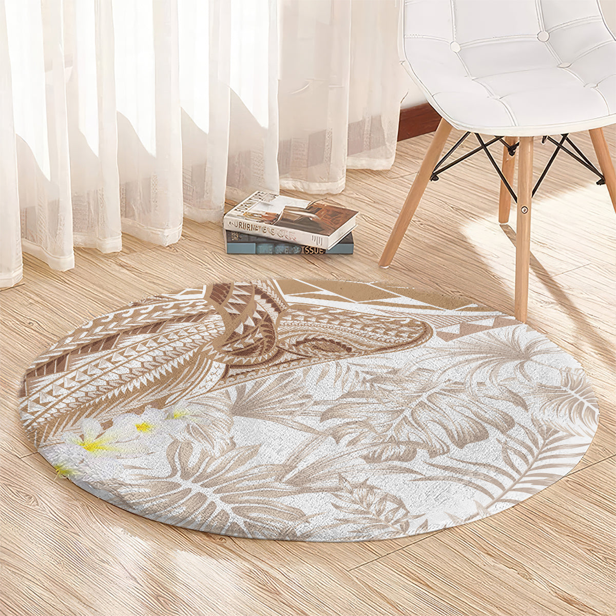 Polynesia Humpback Whale Round Carpet Tropical Plumeria Beige LT7 - Polynesian Pride
