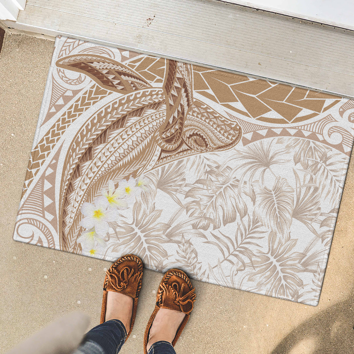 Polynesia Humpback Whale Rubber Doormat Tropical Plumeria Beige LT7 - Polynesian Pride