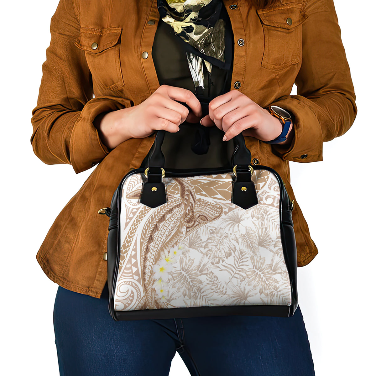 Polynesia Humpback Whale Shoulder Handbag Tropical Plumeria Beige LT7 - Polynesian Pride