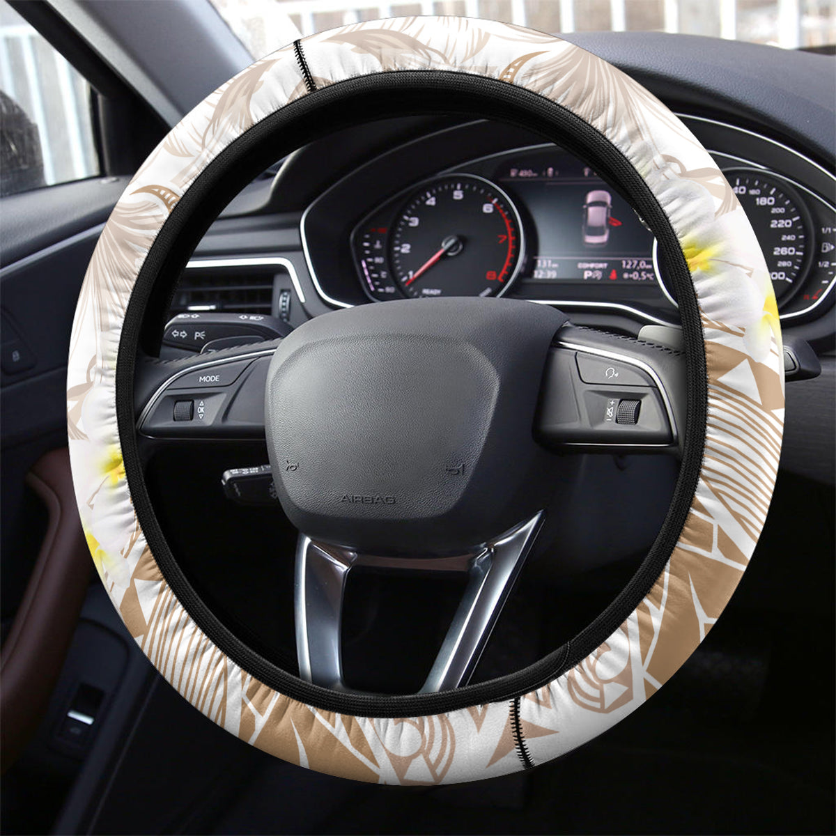 Polynesia Humpback Whale Steering Wheel Cover Tropical Plumeria Beige LT7 - Polynesian Pride