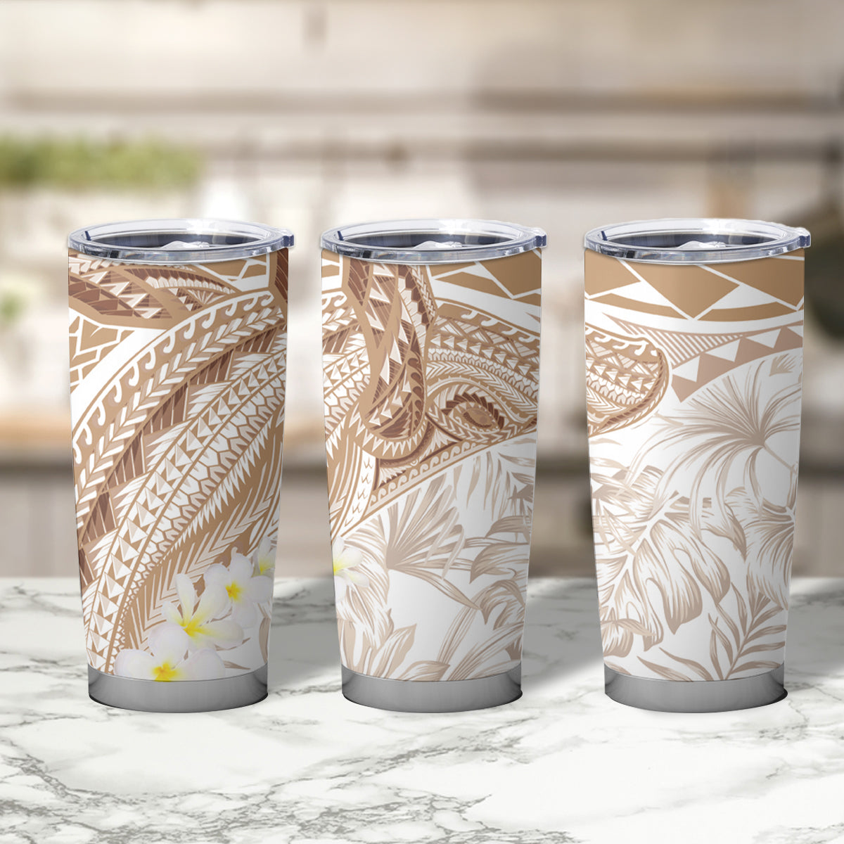 Polynesia Humpback Whale Tumbler Cup Tropical Plumeria Beige LT7 - Polynesian Pride