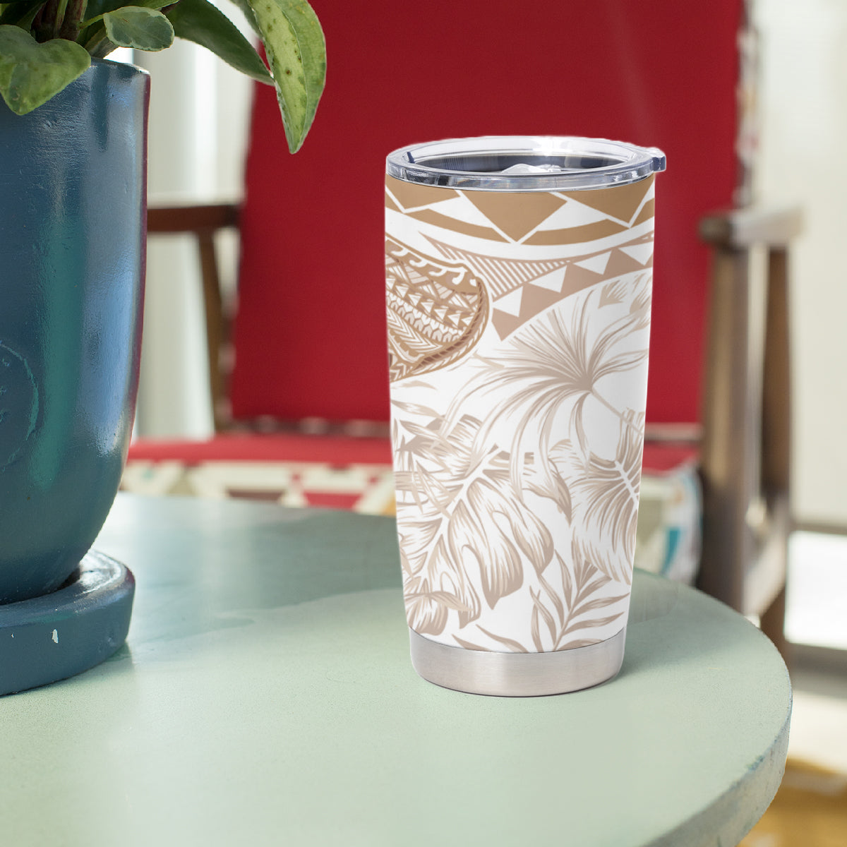 Polynesia Humpback Whale Tumbler Cup Tropical Plumeria Beige LT7 - Polynesian Pride