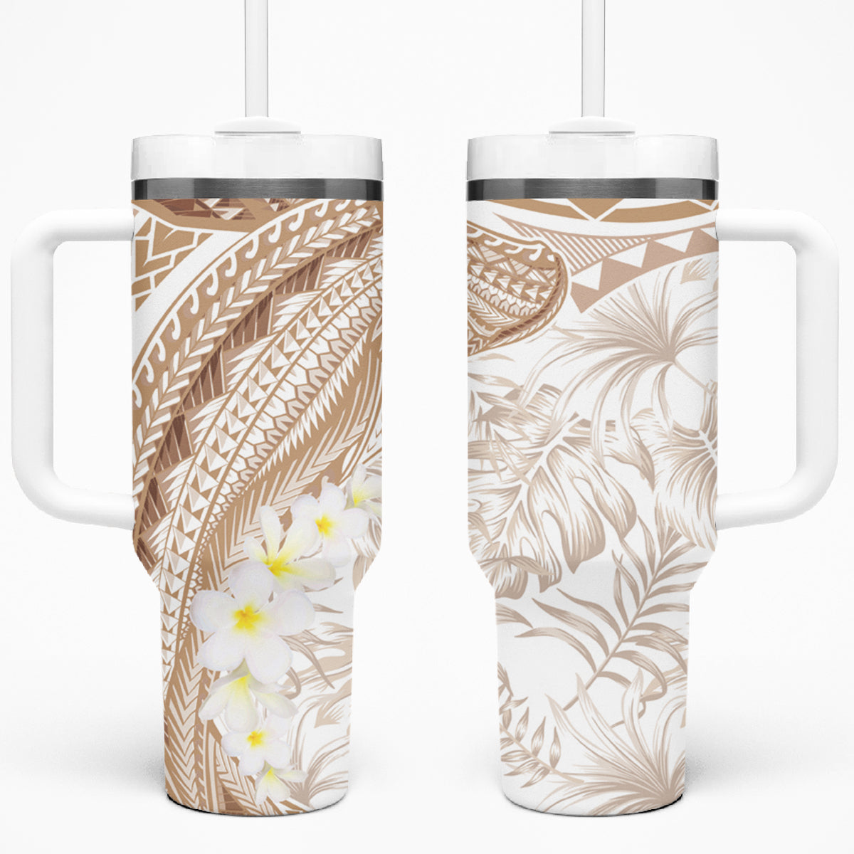 Polynesia Humpback Whale Tumbler With Handle Tropical Plumeria Beige