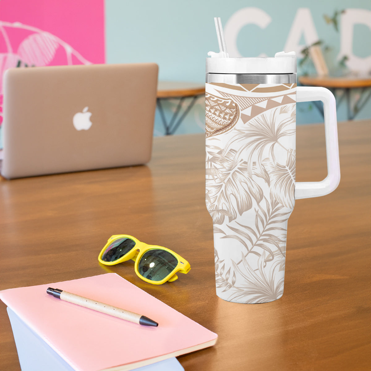 Polynesia Humpback Whale Tumbler With Handle Tropical Plumeria Beige LT7 - Polynesian Pride