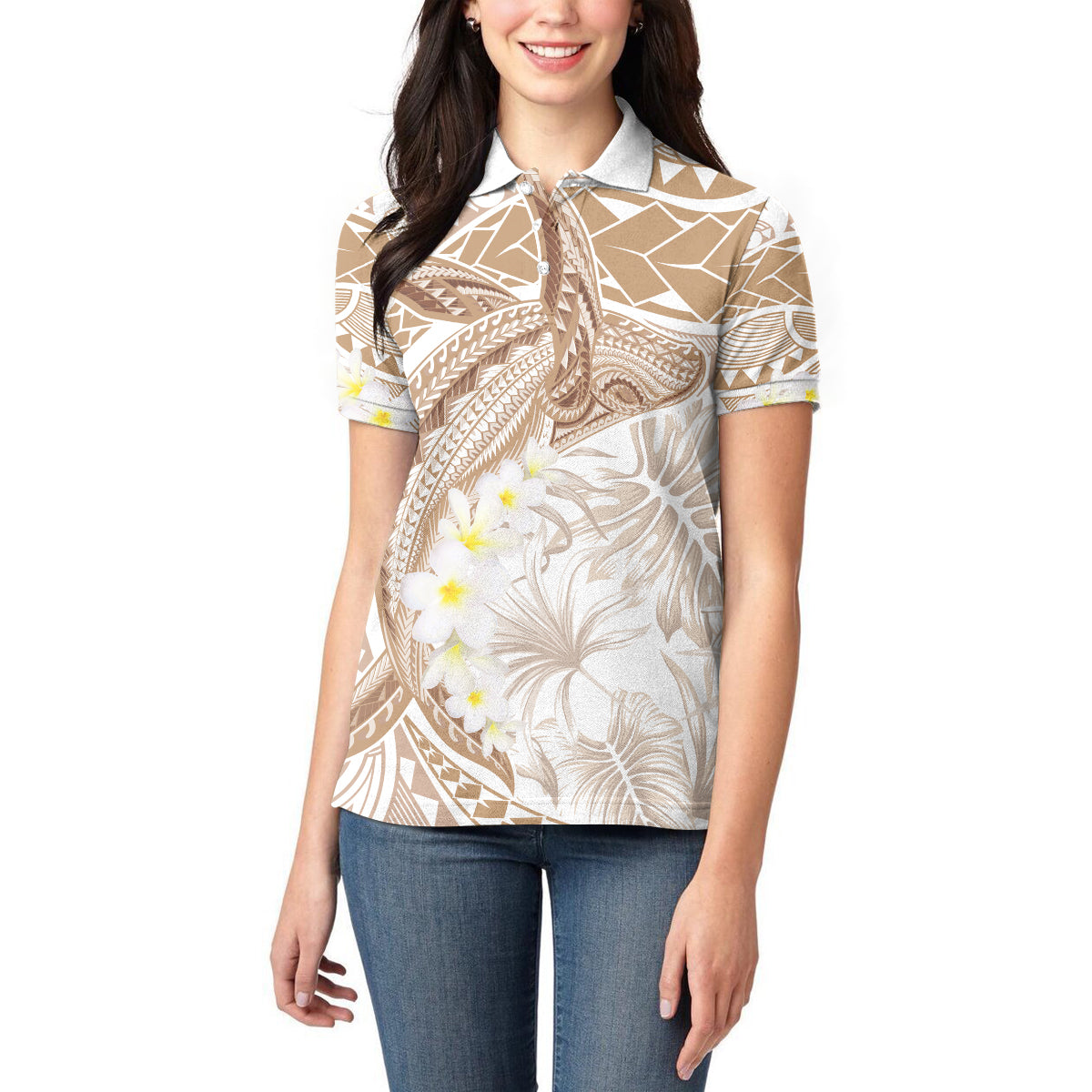 Polynesia Humpback Whale Women Polo Shirt Tropical Plumeria Beige LT7 - Polynesian Pride