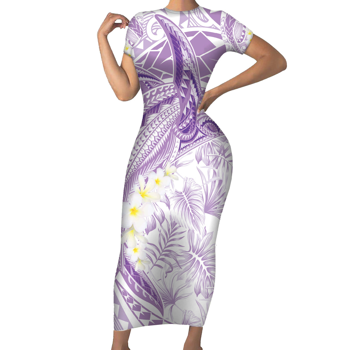 Polynesia Humpback Whale Short Sleeve Bodycon Dress Tropical Plumeria Lavender LT7 Long Dress Lavender - Polynesian Pride