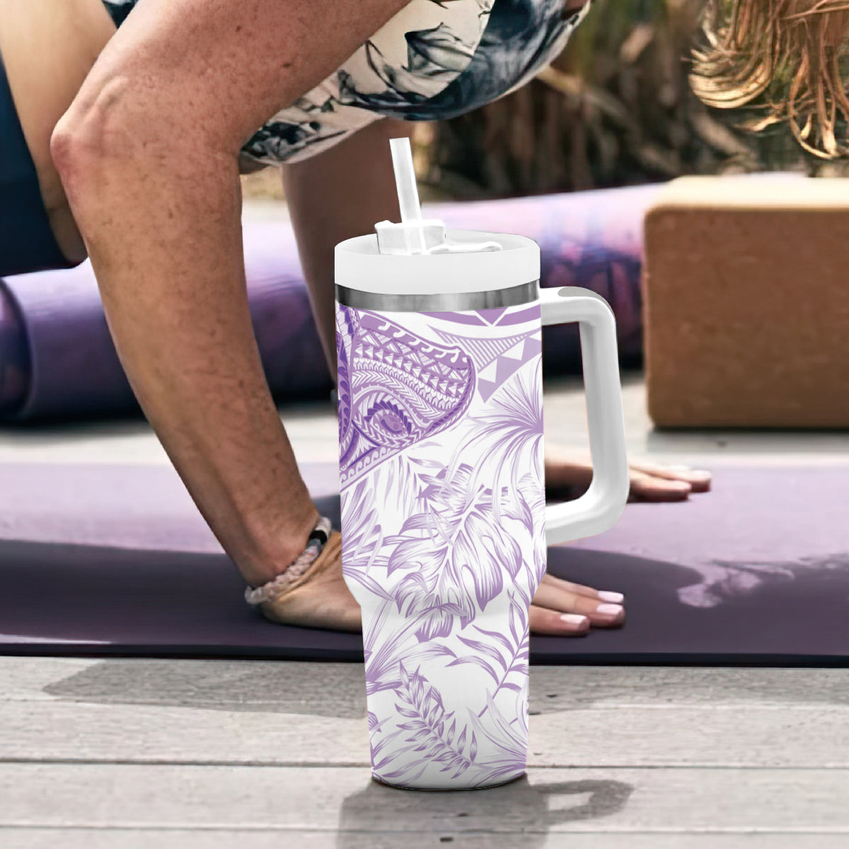 Polynesia Humpback Whale Tumbler With Handle Tropical Plumeria Lavender LT7 - Polynesian Pride