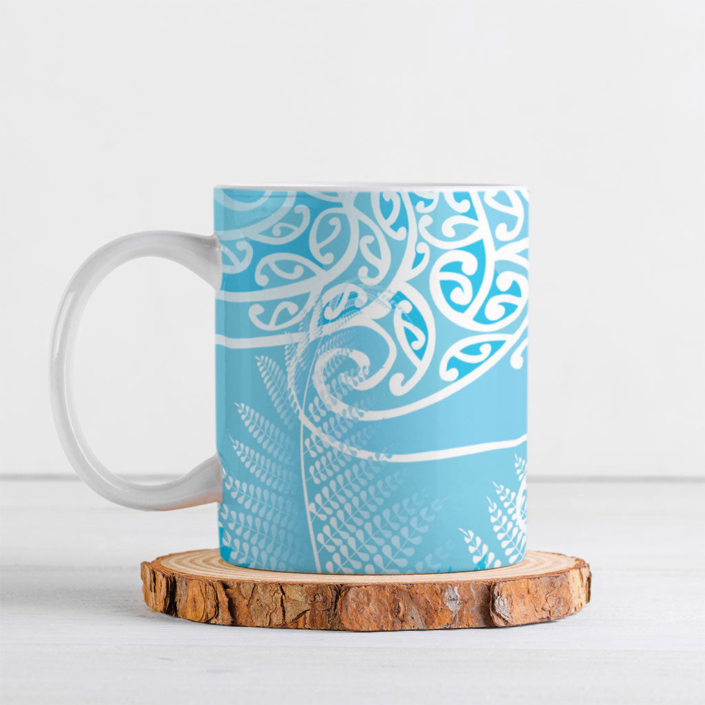Aotearoa Maori Koru Curves Ceramic Mug Silver Ferns - Turquoise LT7 Turquoise - Polynesian Pride