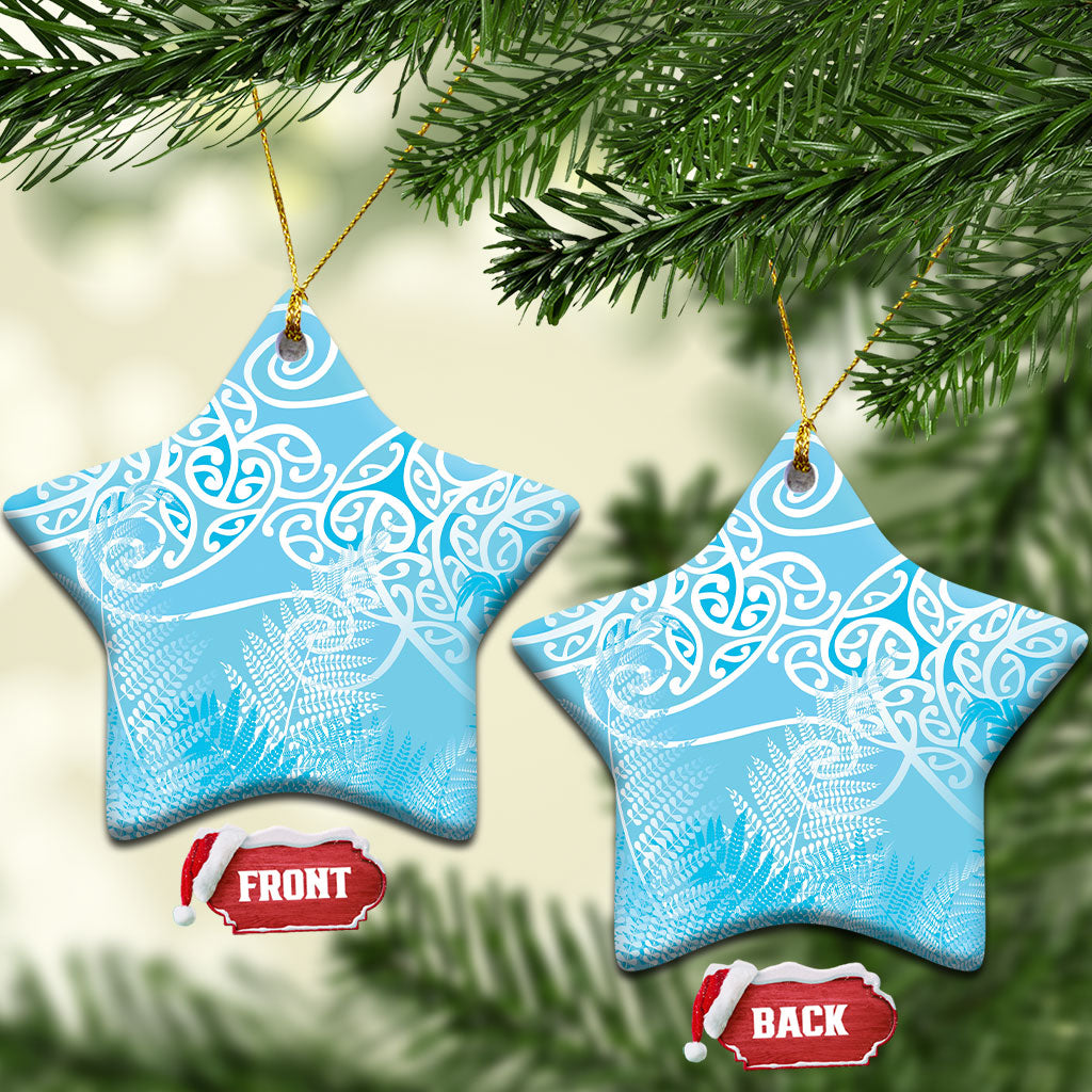 Aotearoa Maori Koru Curves Ceramic Ornament Silver Ferns - Turquoise
