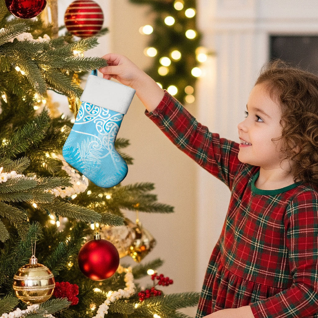 Aotearoa Maori Koru Curves Christmas Stocking Silver Ferns - Turquoise