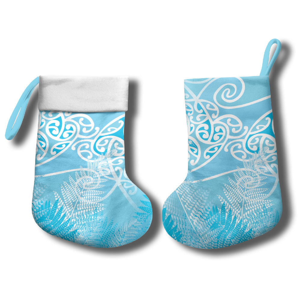 Aotearoa Maori Koru Curves Christmas Stocking Silver Ferns - Turquoise