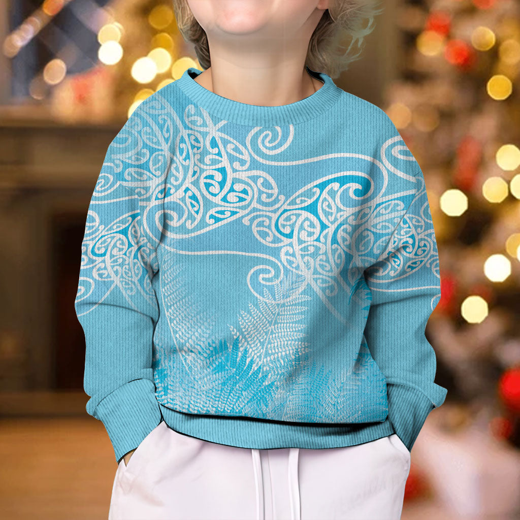 Aotearoa Maori Koru Curves Kid Ugly Christmas Sweater Silver Ferns - Turquoise LT7 - Polynesian Pride