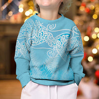 Aotearoa Maori Koru Curves Kid Ugly Christmas Sweater Silver Ferns - Turquoise LT7 - Polynesian Pride