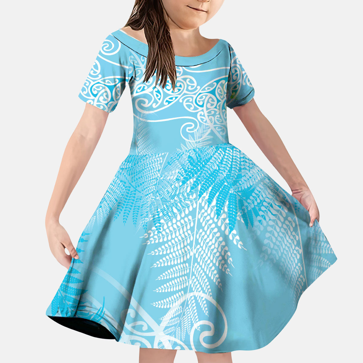 Aotearoa Maori Koru Curves Kid Short Sleeve Dress Silver Ferns - Turquoise LT7 KID Turquoise - Polynesian Pride