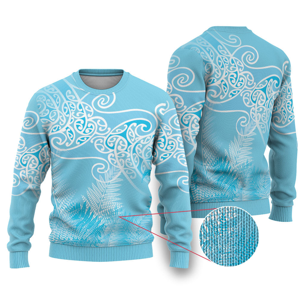Aotearoa Maori Koru Curves Ugly Christmas Sweater Silver Ferns - Turquoise