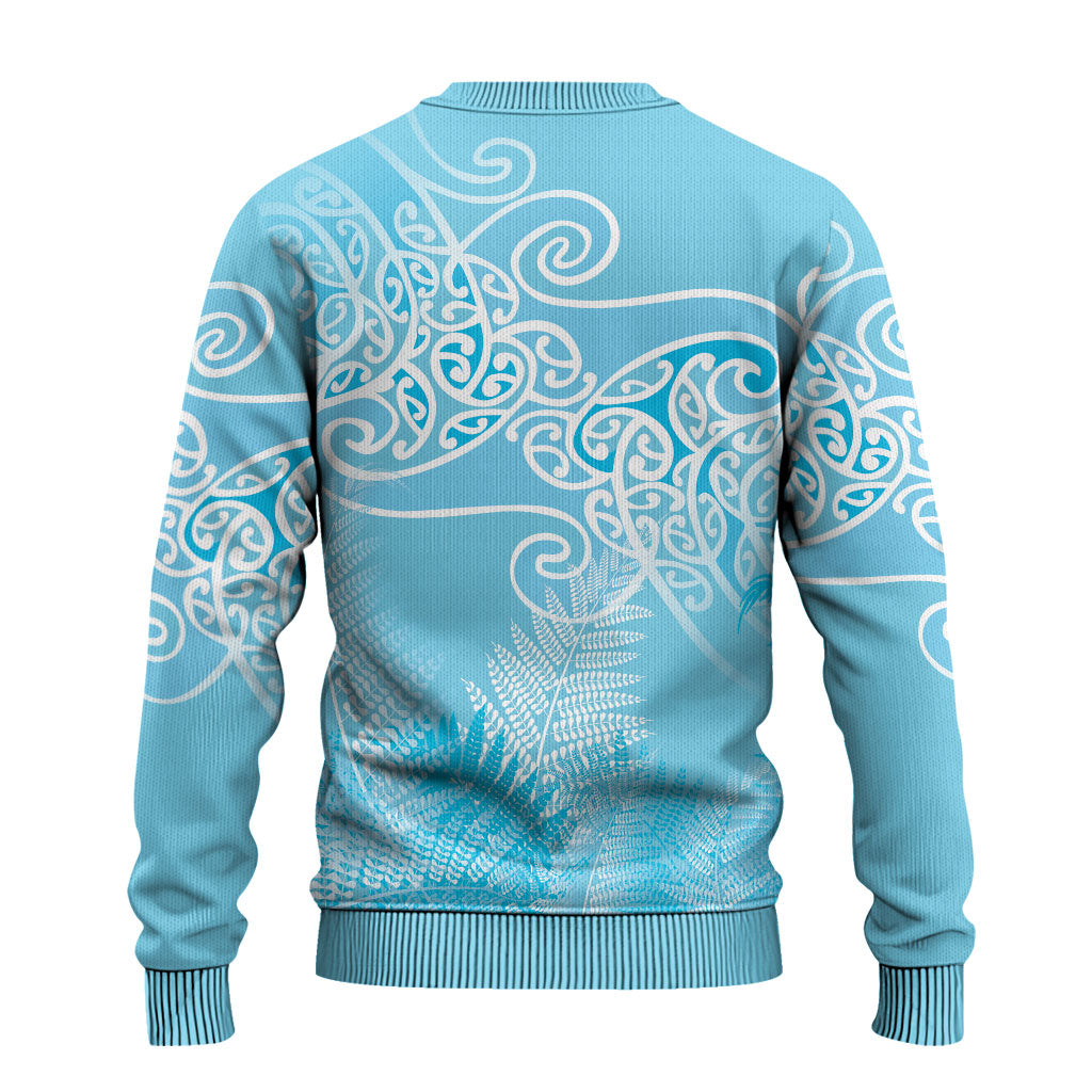 Aotearoa Maori Koru Curves Ugly Christmas Sweater Silver Ferns - Turquoise