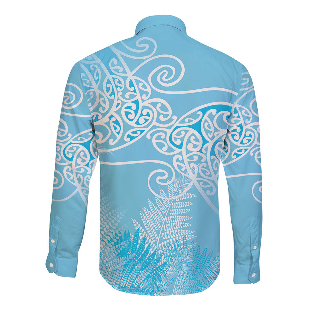 Aotearoa Maori Koru Curves Long Sleeve Button Shirt Silver Ferns - Turquoise LT7 - Polynesian Pride