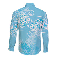 Aotearoa Maori Koru Curves Long Sleeve Button Shirt Silver Ferns - Turquoise LT7 - Polynesian Pride