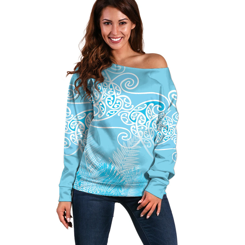 Aotearoa Maori Koru Curves Off Shoulder Sweater Silver Ferns - Turquoise LT7 Women Turquoise - Polynesian Pride
