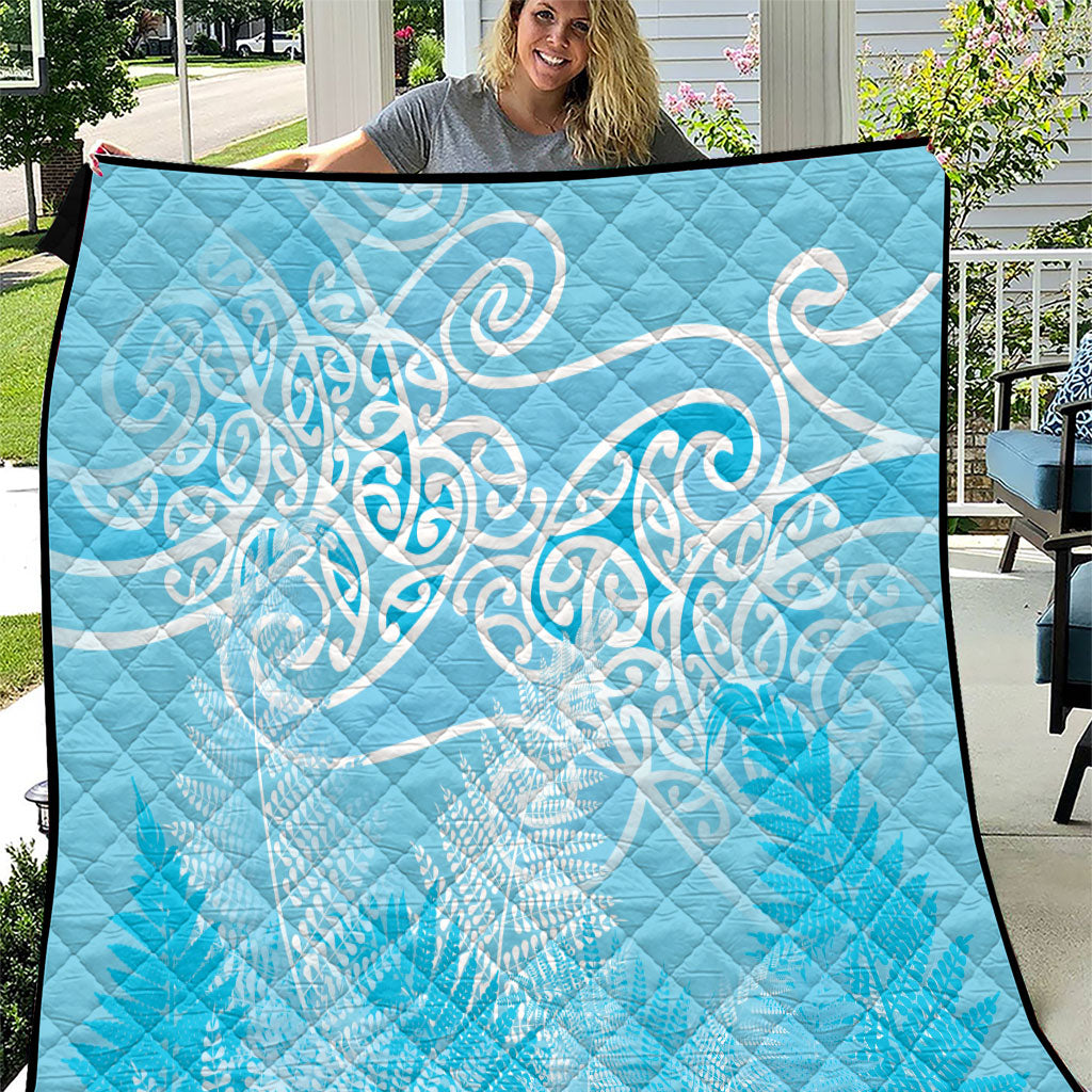 Aotearoa Maori Koru Curves Quilt Silver Ferns - Turquoise LT7 Turquoise - Polynesian Pride