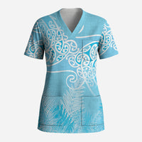 Aotearoa Maori Koru Curves Scrub Top Silver Ferns - Turquoise LT7 Adult Turquoise - Polynesian Pride