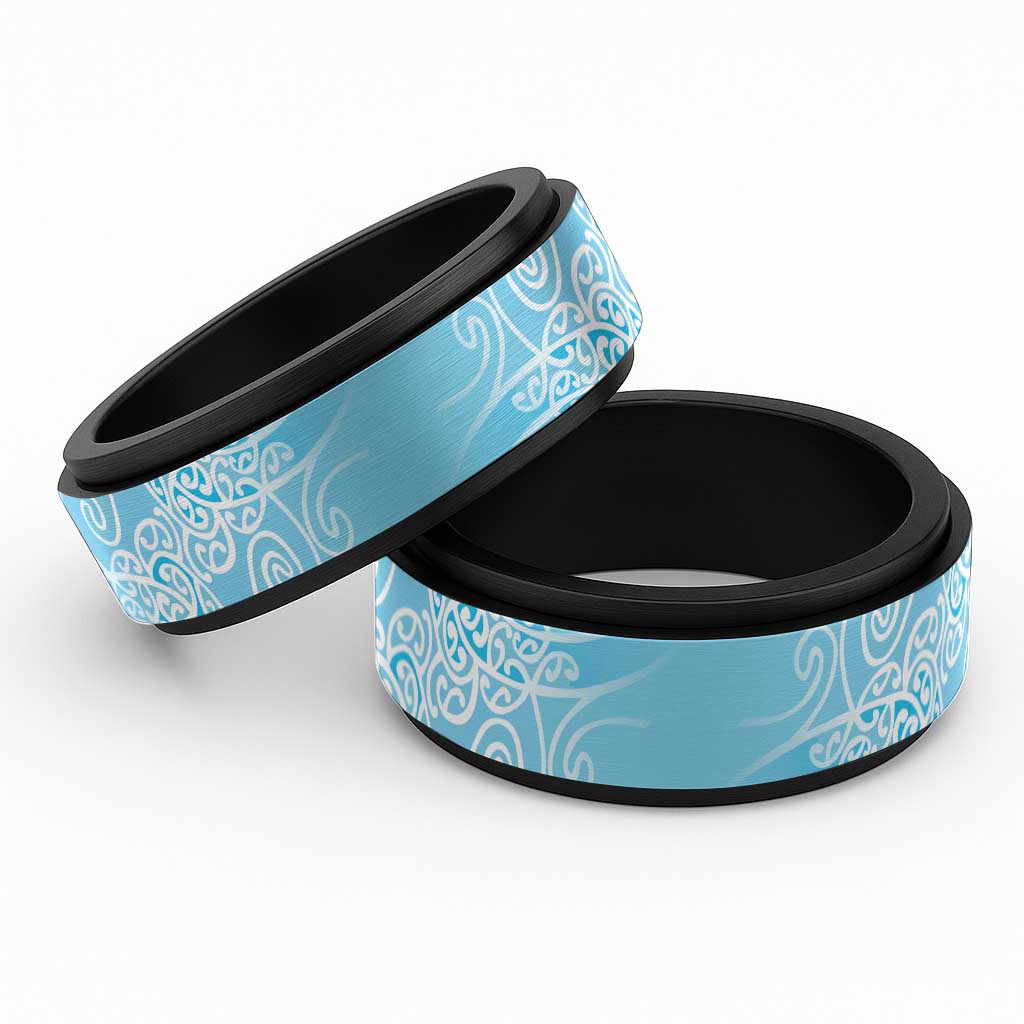 Aotearoa Maori Koru Curves Spinner Ring Silver Ferns - Turquoise LT7 Black Turquoise - Polynesian Pride