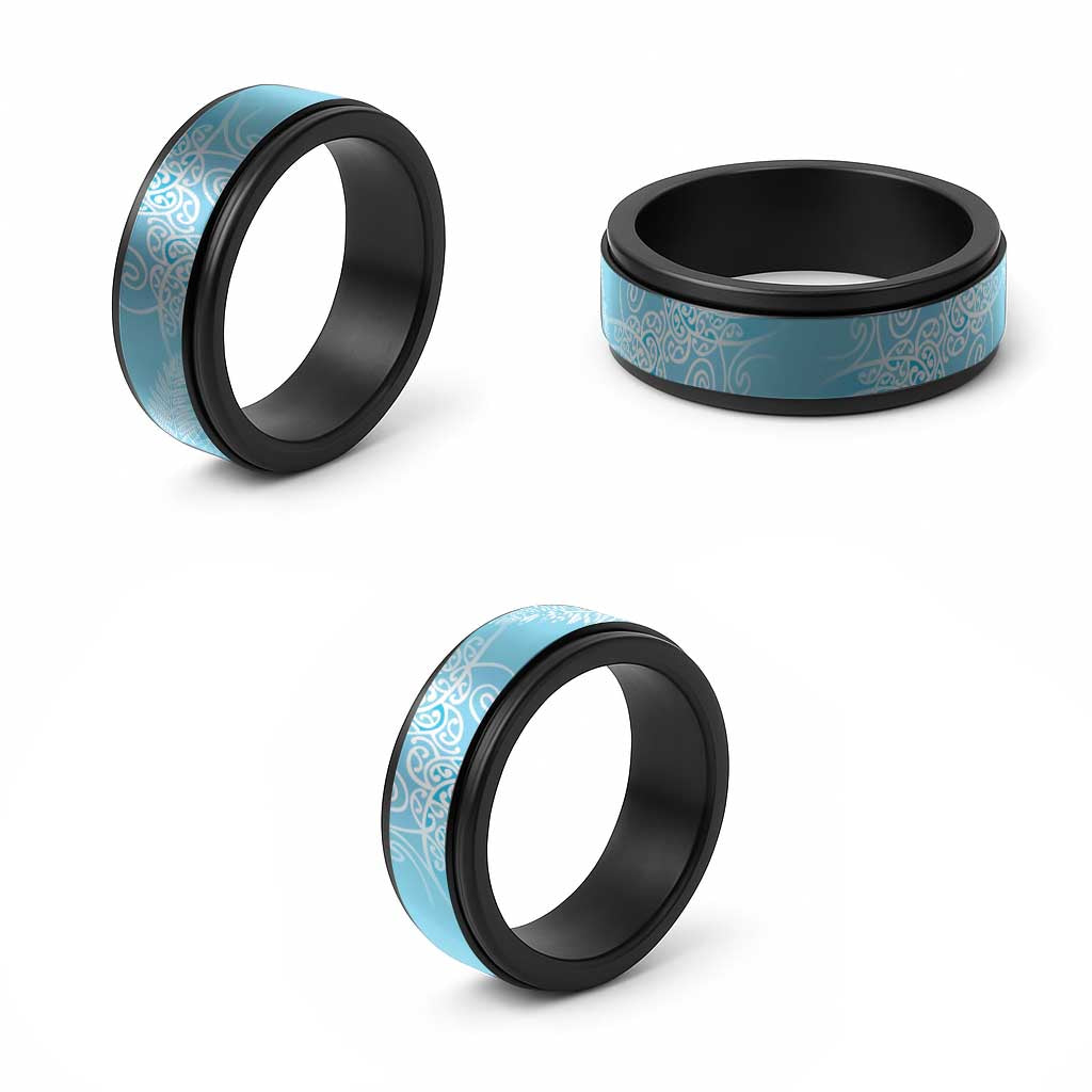 Aotearoa Maori Koru Curves Spinner Ring Silver Ferns - Turquoise LT7 - Polynesian Pride