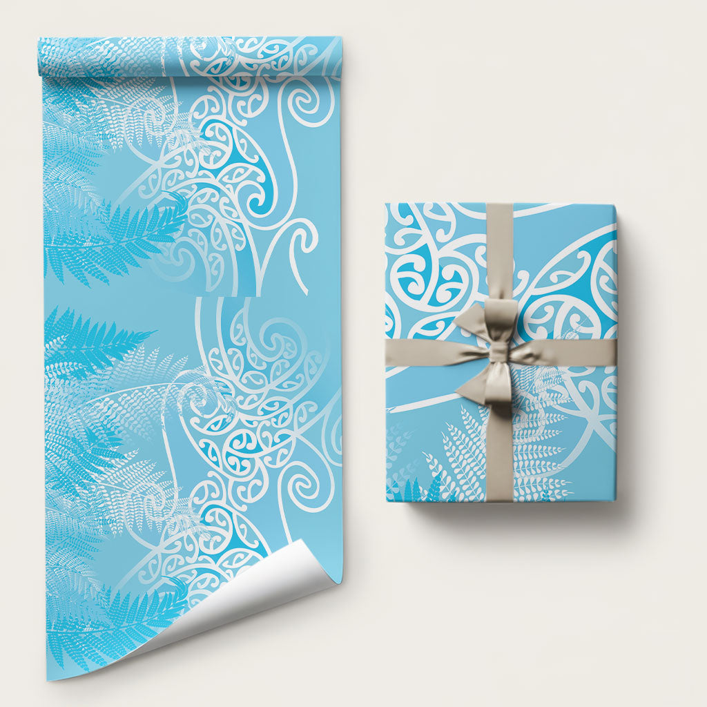 Aotearoa Maori Koru Curves Wrapping Paper Silver Ferns - Turquoise LT7 58" × 23" Turquoise - Polynesian Pride