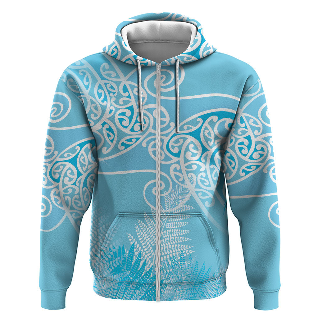 Aotearoa Maori Koru Curves Zip Hoodie Silver Ferns - Turquoise LT7 Zip Hoodie Turquoise - Polynesian Pride
