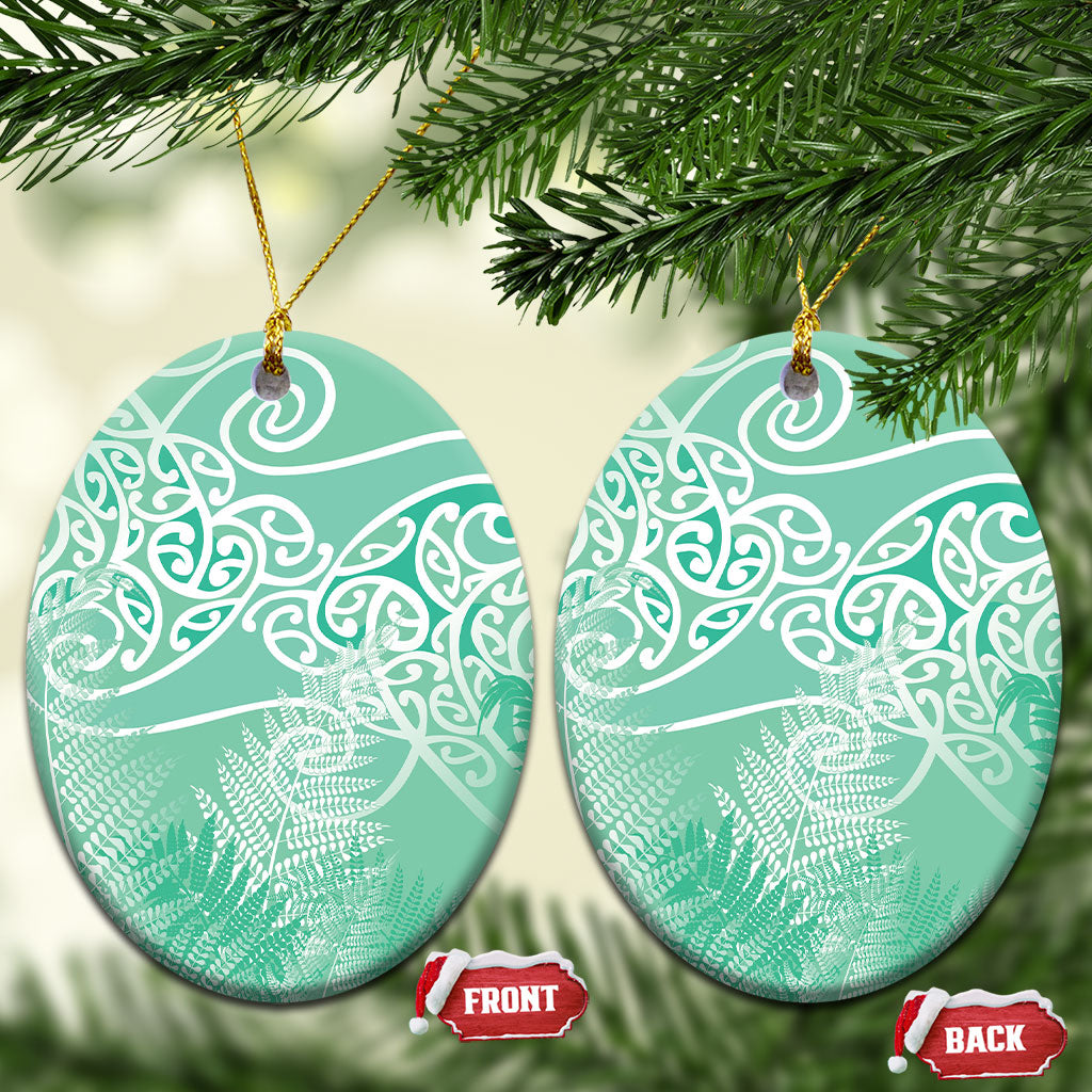 Aotearoa Maori Koru Curves Ceramic Ornament Silver Ferns - Mint