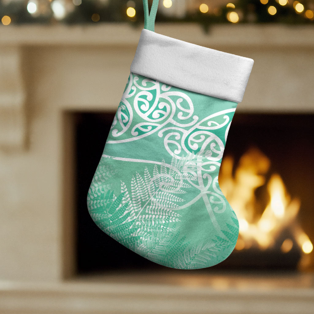Aotearoa Maori Koru Curves Christmas Stocking Silver Ferns - Mint