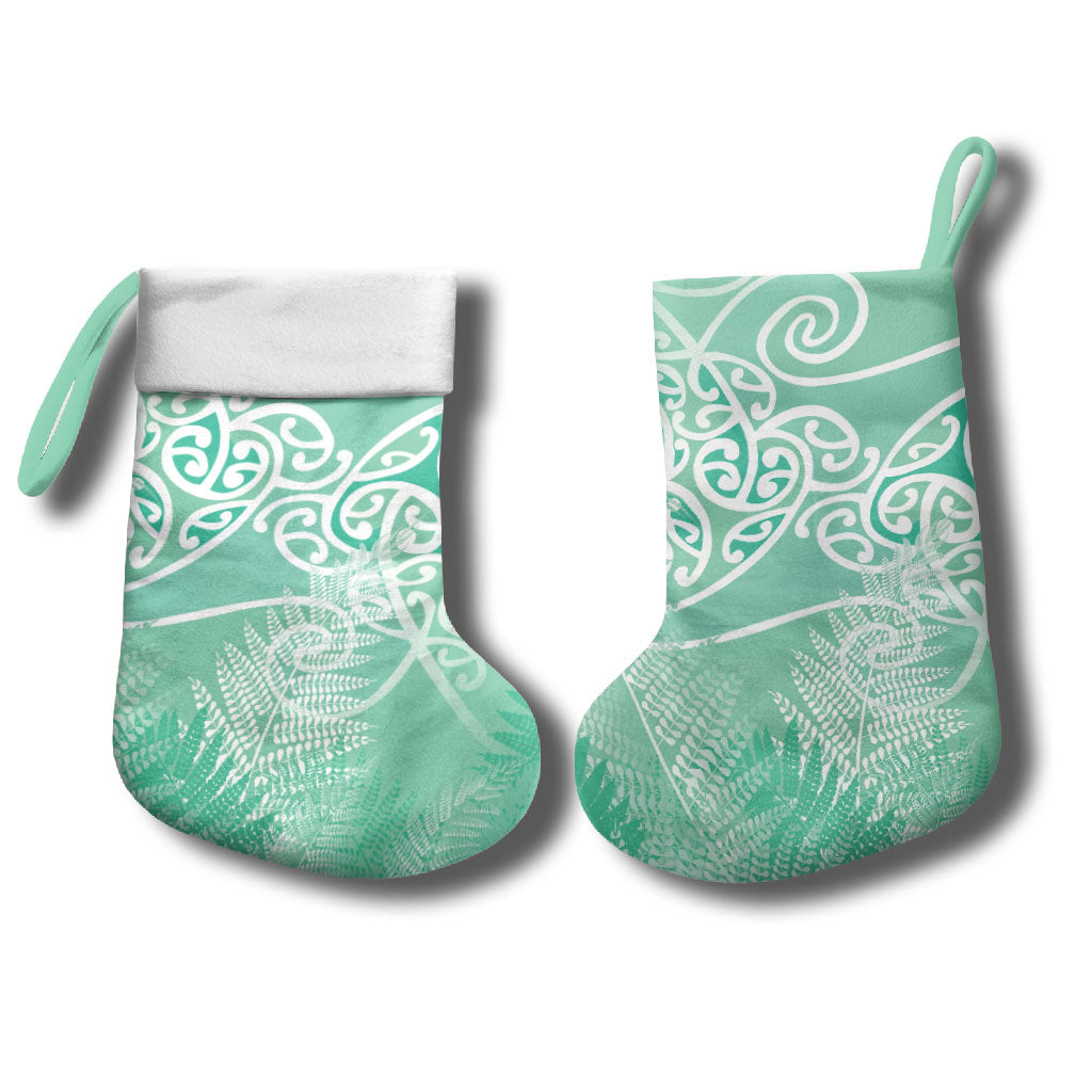Aotearoa Maori Koru Curves Christmas Stocking Silver Ferns - Mint