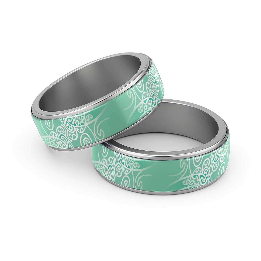 Aotearoa Maori Koru Curves Classic Ring Silver Ferns - Mint LT7 Sliver Mint Green - Polynesian Pride