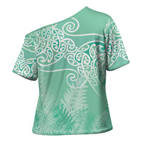Aotearoa Maori Koru Curves Cross Shoulder Shirt Silver Ferns - Mint LT7 - Polynesian Pride