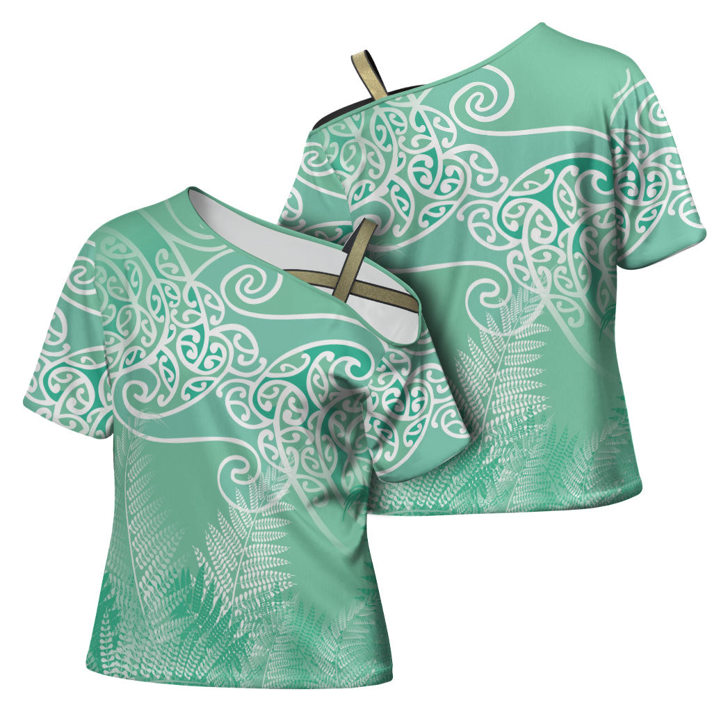 Aotearoa Maori Koru Curves Cross Shoulder Shirt Silver Ferns - Mint LT7 - Polynesian Pride