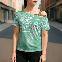 Aotearoa Maori Koru Curves Cross Shoulder Shirt Silver Ferns - Mint LT7 - Polynesian Pride