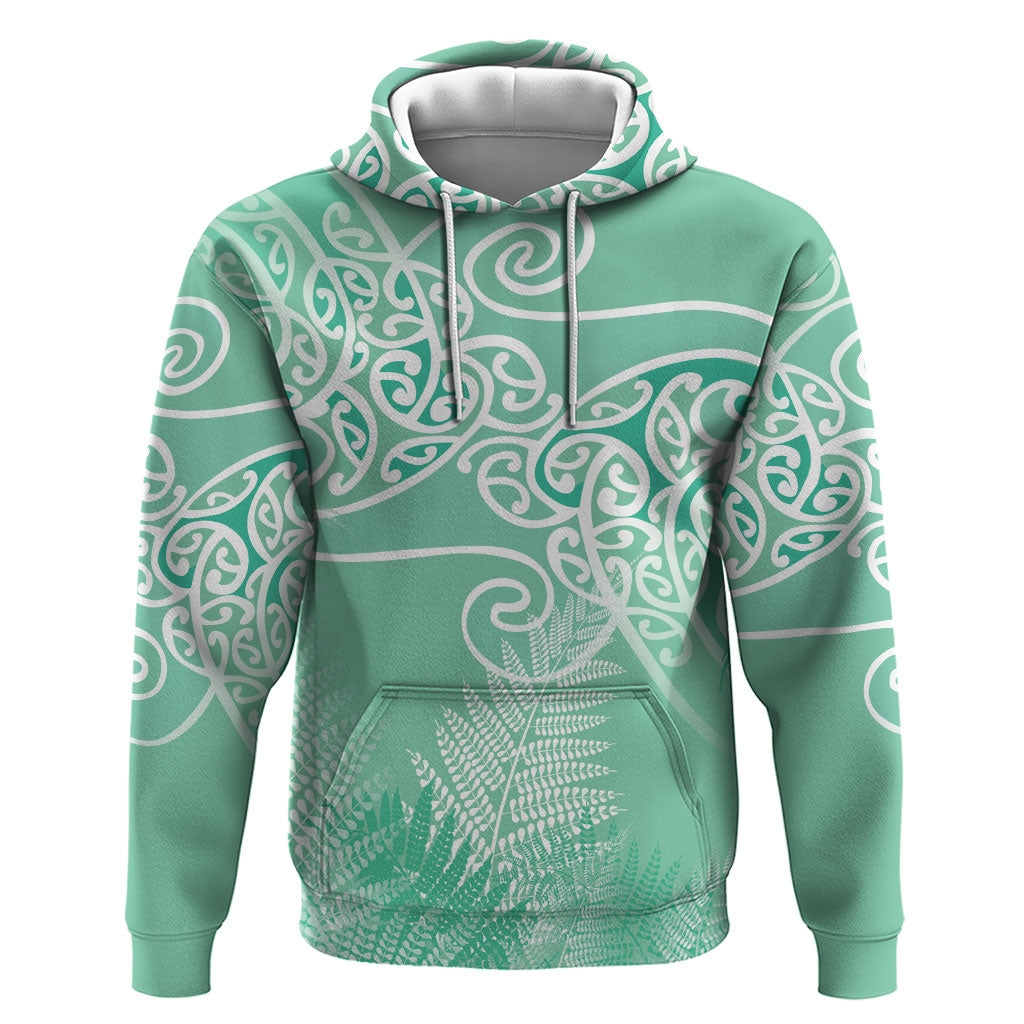 Aotearoa Maori Koru Curves Hoodie Silver Ferns - Mint LT7 Pullover Hoodie Mint Green - Polynesian Pride