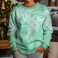 Aotearoa Maori Koru Curves Kid Ugly Christmas Sweater Silver Ferns - Mint
