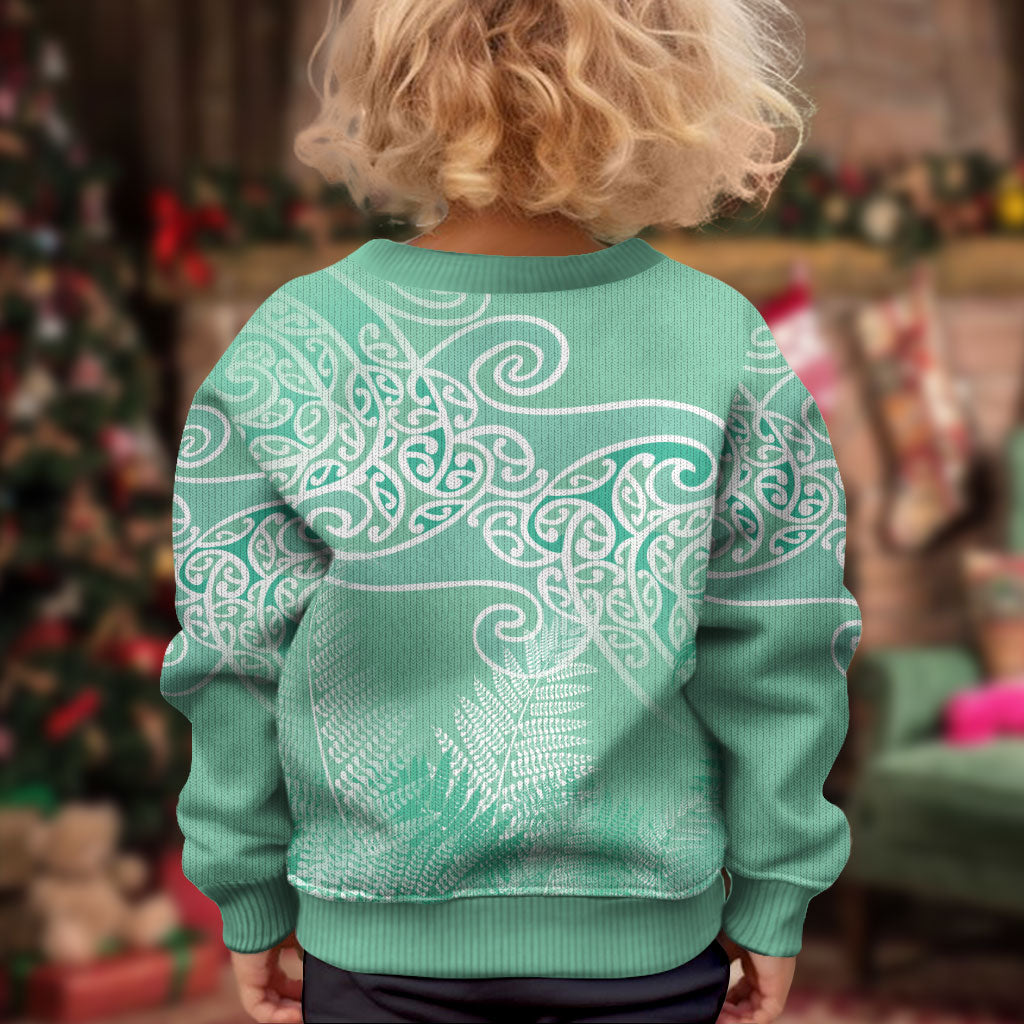 Aotearoa Maori Koru Curves Kid Ugly Christmas Sweater Silver Ferns - Mint