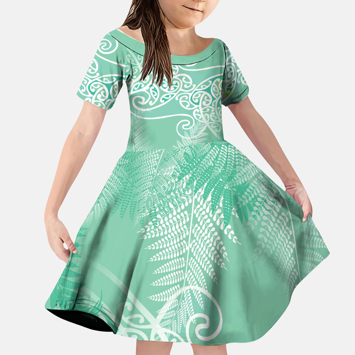 Aotearoa Maori Koru Curves Kid Short Sleeve Dress Silver Ferns - Mint LT7 KID Mint Green - Polynesian Pride