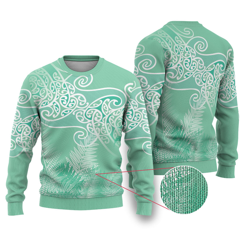 Aotearoa Maori Koru Curves Ugly Christmas Sweater Silver Ferns - Mint