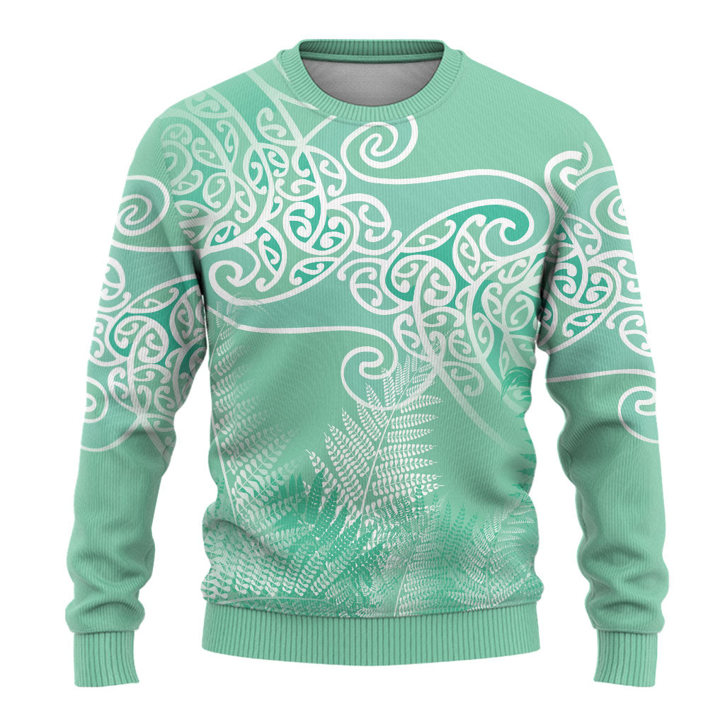 Aotearoa Maori Koru Curves Ugly Christmas Sweater Silver Ferns - Mint