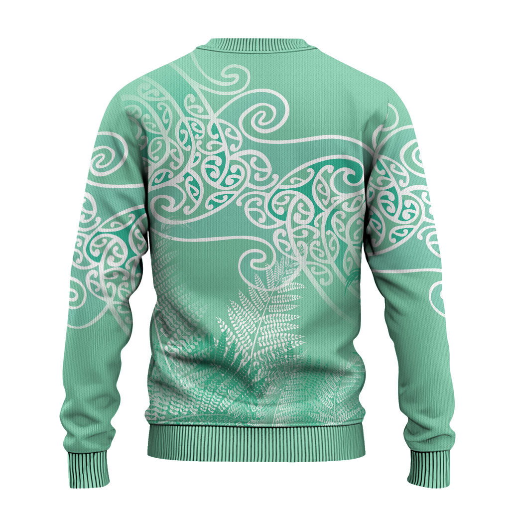 Aotearoa Maori Koru Curves Ugly Christmas Sweater Silver Ferns - Mint