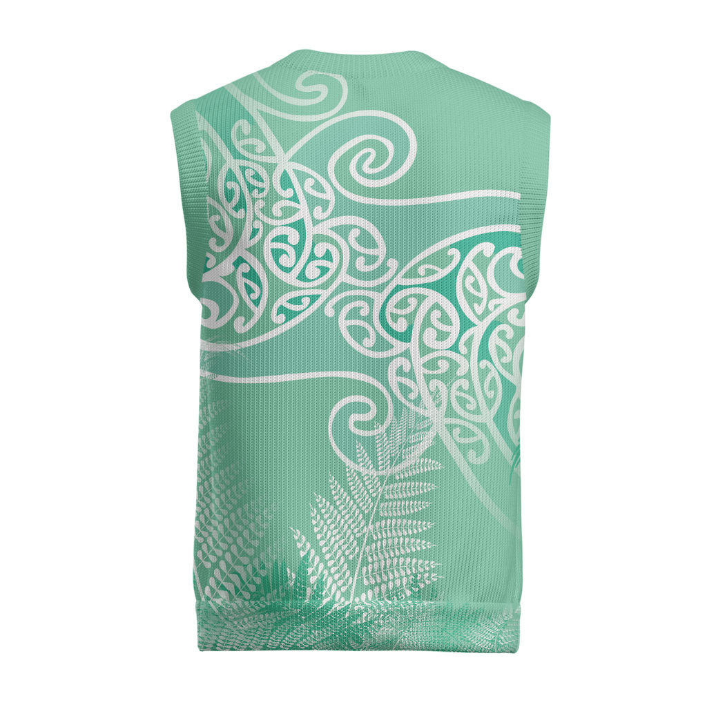 Aotearoa Maori Koru Curves Christmas Knitted V-Neck Vest Silver Ferns - Mint LT7 - Polynesian Pride