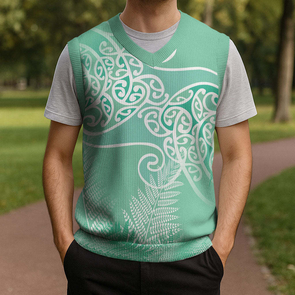 Aotearoa Maori Koru Curves Christmas Knitted V-Neck Vest Silver Ferns - Mint LT7 - Polynesian Pride