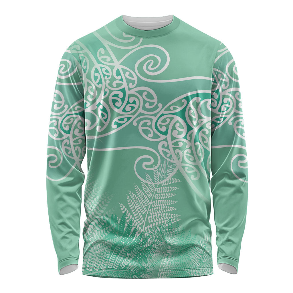 Aotearoa Maori Koru Curves Long Sleeve Shirt Silver Ferns - Mint LT7 Unisex Mint Green - Polynesian Pride