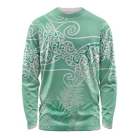 Aotearoa Maori Koru Curves Long Sleeve Shirt Silver Ferns - Mint LT7 Unisex Mint Green - Polynesian Pride