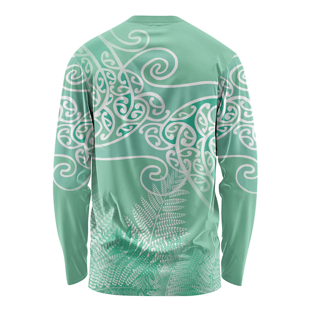 Aotearoa Maori Koru Curves Long Sleeve Shirt Silver Ferns - Mint LT7 - Polynesian Pride