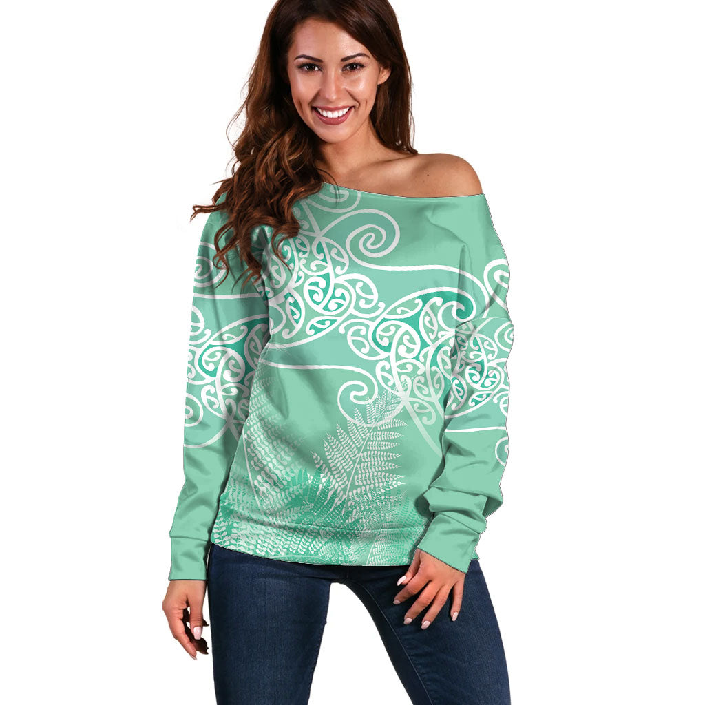 Aotearoa Maori Koru Curves Off Shoulder Sweater Silver Ferns - Mint LT7 Women Mint Green - Polynesian Pride