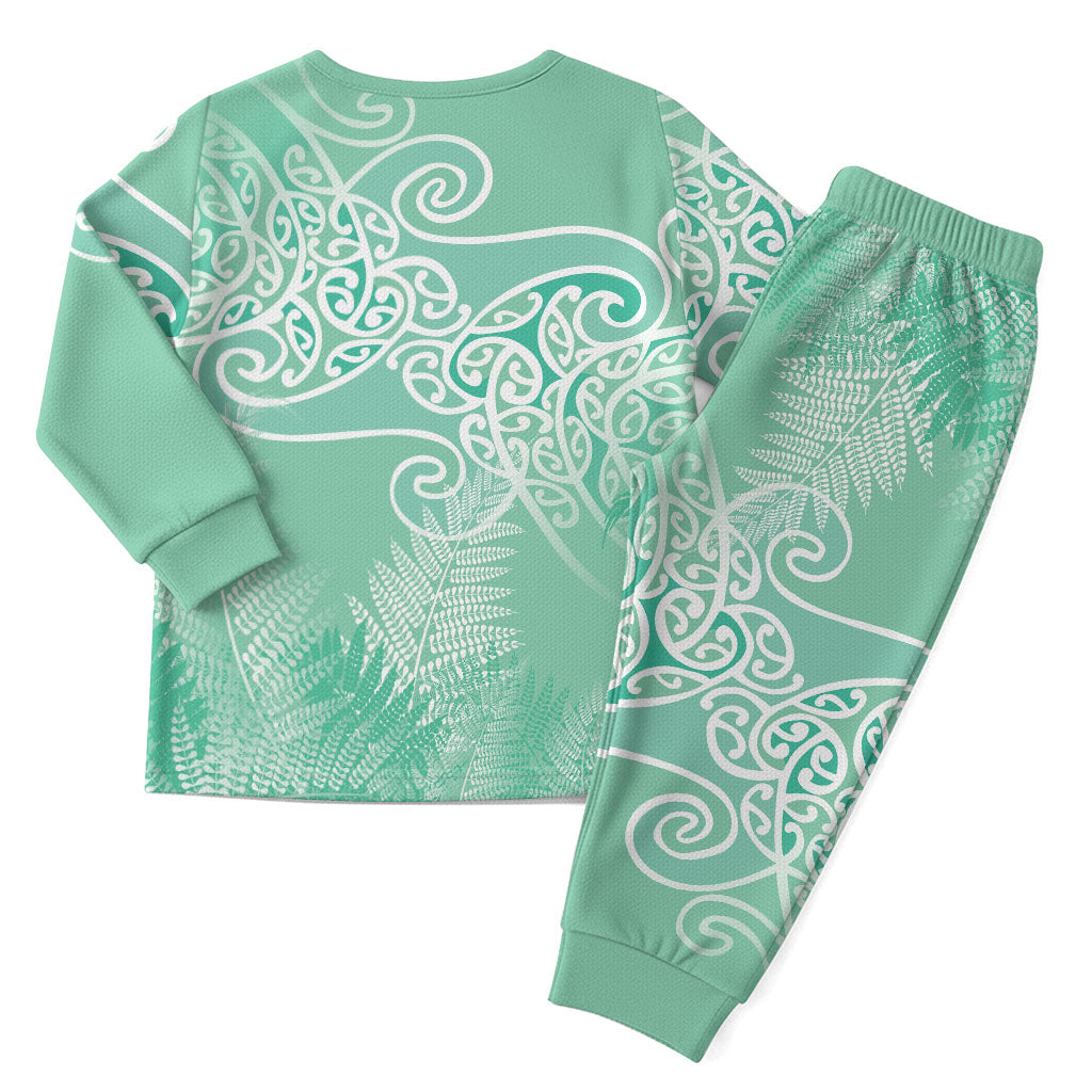 Aotearoa Maori Koru Curves Christmas Pajama Set Silver Ferns - Mint